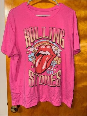 the Rolling Stones Pink Short Sleeve Tee with Tongue & Rainbow Graphic